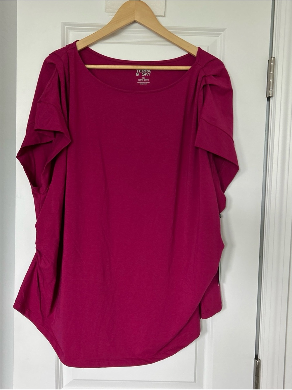 Terra & Sky Women's Plus Pleated Shoulder Top with Short Sleeves, Size 3x- Pink
